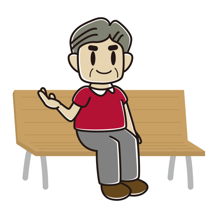 ベンチで案内するおじさんのイラスト【色あり、背景なし】透過PNG