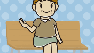 ベンチで案内するおばさんのイラスト【色、背景あり】PNG