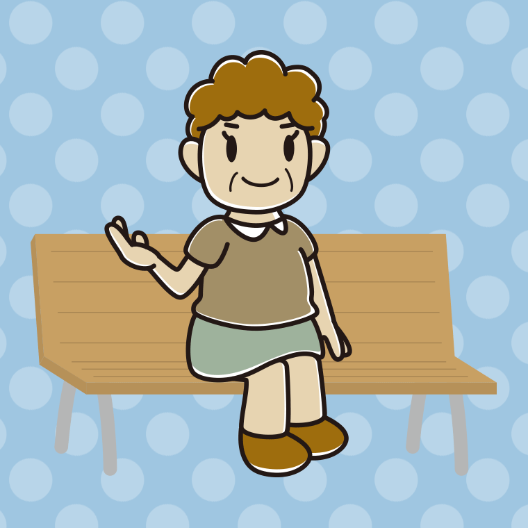 ベンチで案内するおばさんのイラスト【色、背景あり】PNG