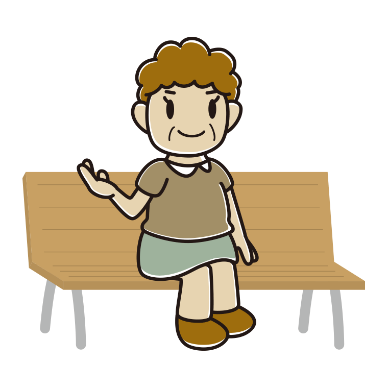 ベンチで案内するおばさんのイラスト【色あり、背景なし】透過PNG