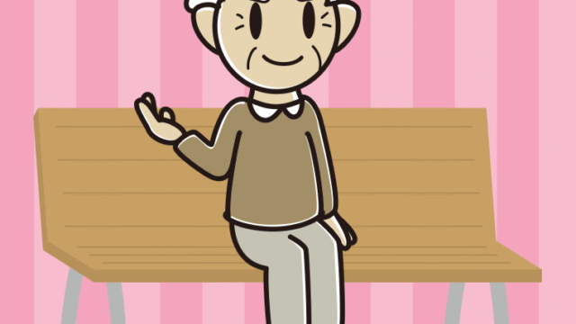 ベンチで案内するおじいさんのイラスト【色、背景あり】PNG
