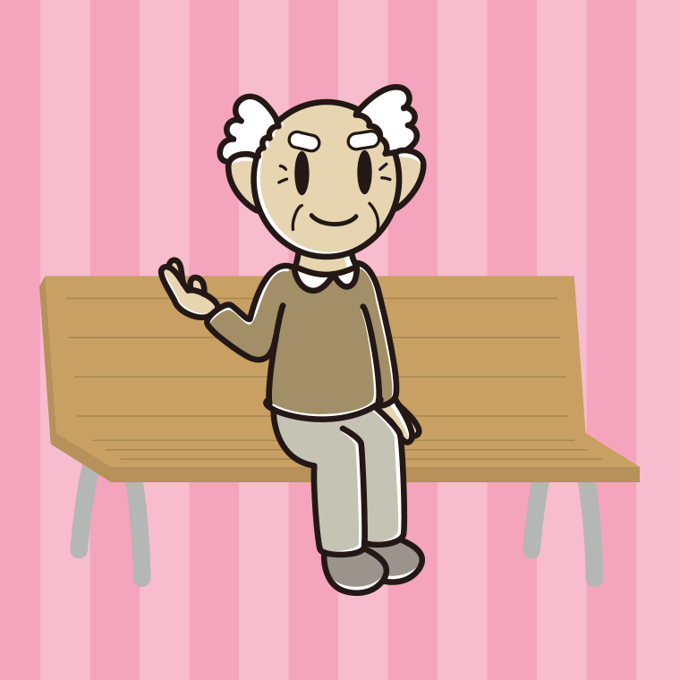 ベンチで案内するおじいさんのイラスト【色、背景あり】PNG