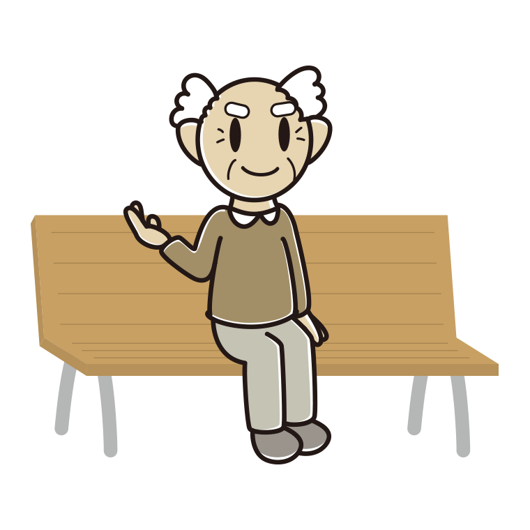 ベンチで案内するおじいさんのイラスト【色あり、背景なし】透過PNG