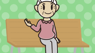 ベンチで案内するおばあさんのイラスト【色、背景あり】PNG