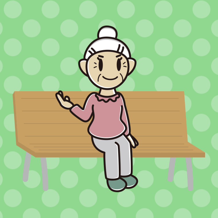 ベンチで案内するおばあさんのイラスト【色、背景あり】PNG