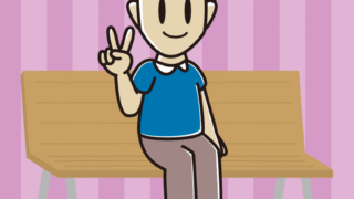ベンチでピースをする男性のイラスト【色、背景あり】PNG