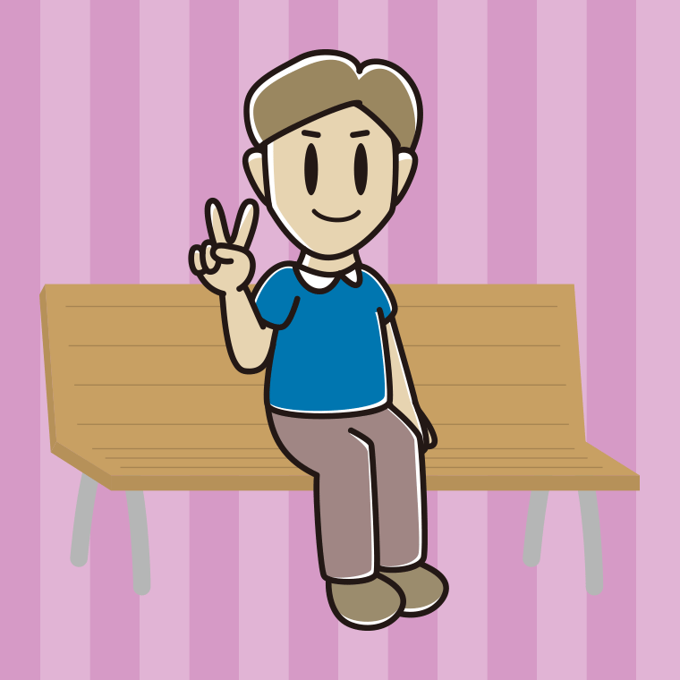 ベンチでピースをする男性のイラスト【色、背景あり】PNG