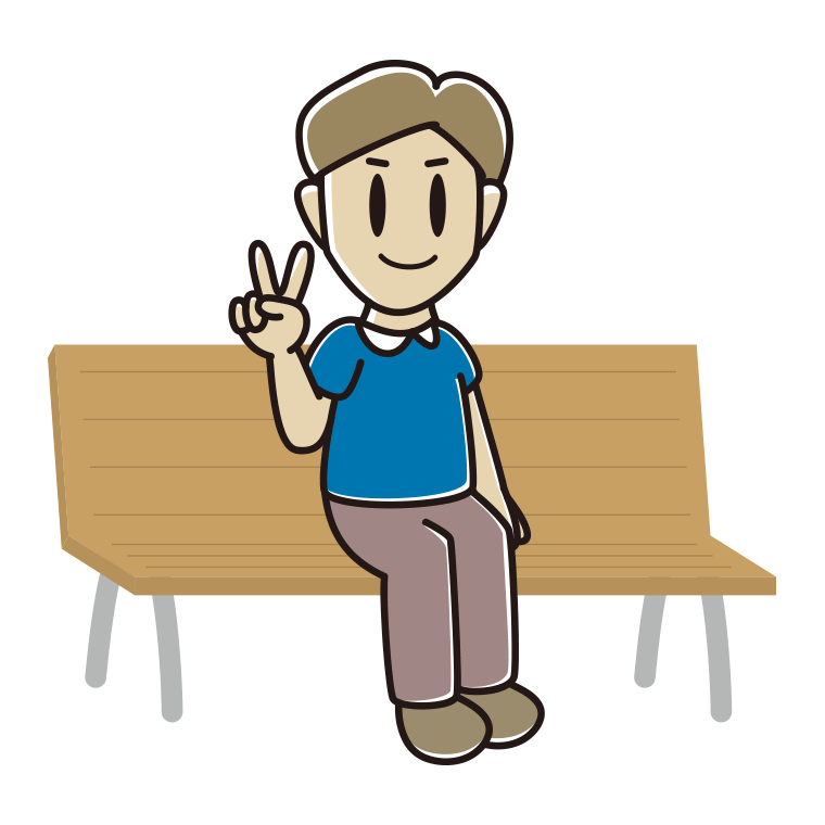 ベンチでピースをする男性のイラスト【色あり、背景なし】透過PNG