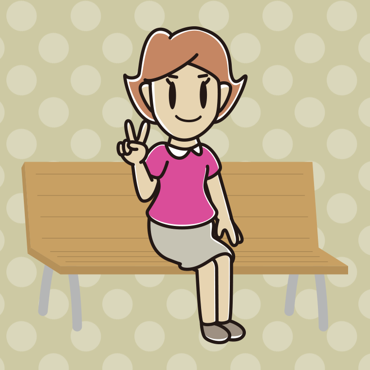 ベンチでピースをする女性のイラスト【色、背景あり】PNG