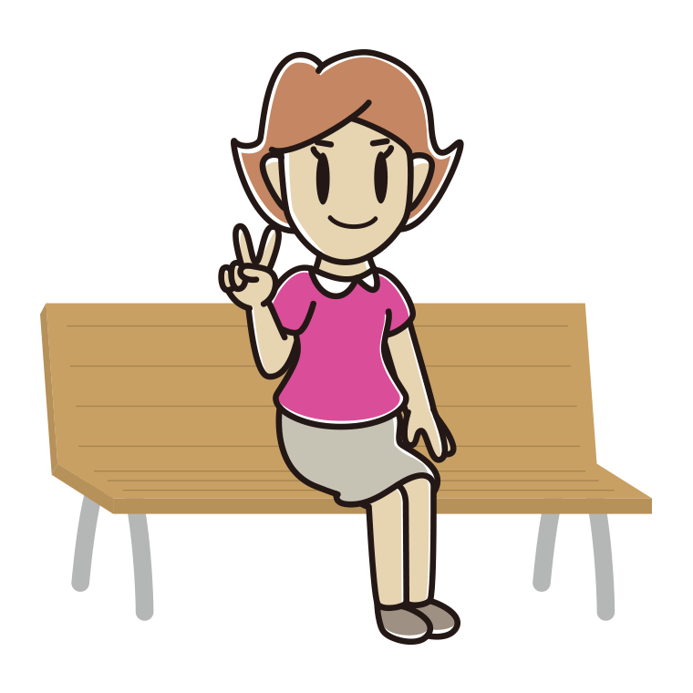 ベンチでピースをする女性のイラスト【色あり、背景なし】透過PNG