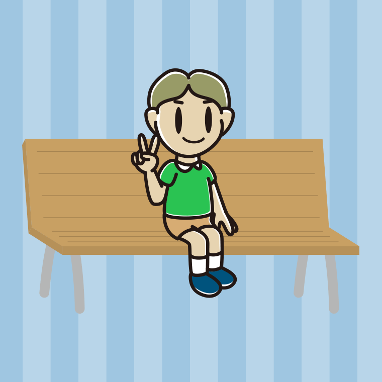 ベンチでピースをする小学生男子のイラスト【色、背景あり】PNG