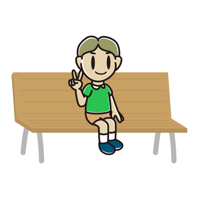 ベンチでピースをする小学生男子のイラスト【色あり、背景なし】透過PNG