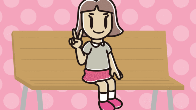 ベンチでピースをする小学生女子のイラスト【色、背景あり】PNG
