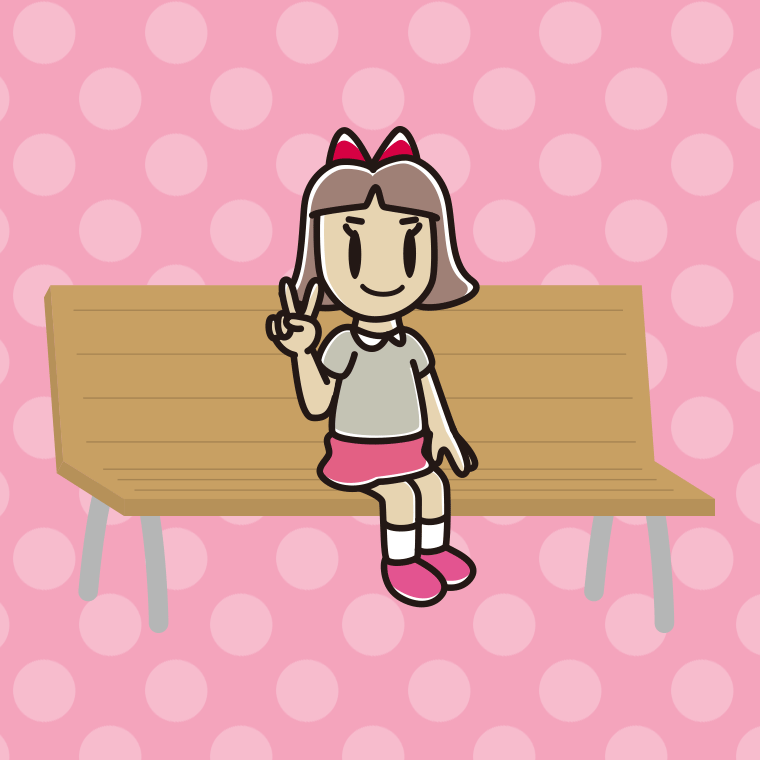 ベンチでピースをする小学生女子のイラスト【色、背景あり】PNG