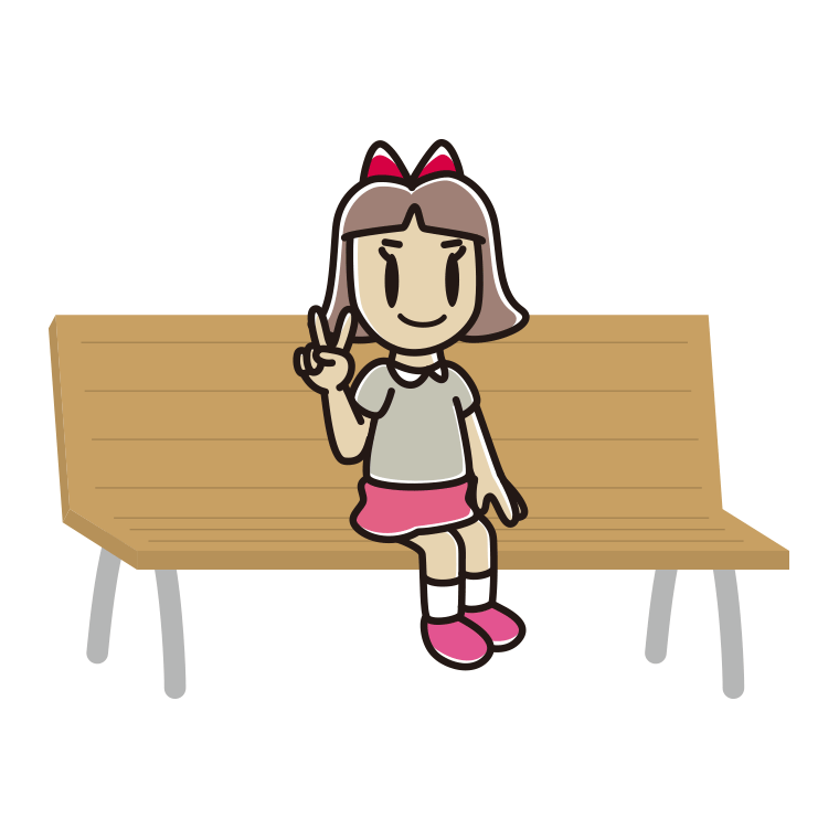 ベンチでピースをする小学生女子のイラスト【色あり、背景なし】透過PNG