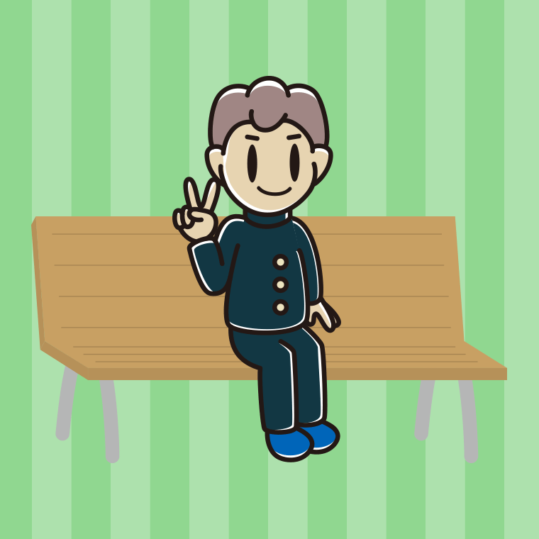 ベンチでピースをする男子中学生のイラスト【色、背景あり】PNG