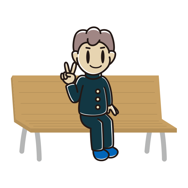 ベンチでピースをする男子中学生のイラスト【色あり、背景なし】透過PNG