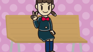 ベンチでピースをする女子中学生のイラスト【色、背景あり】PNG
