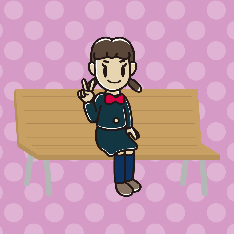 ベンチでピースをする女子中学生のイラスト【色、背景あり】PNG
