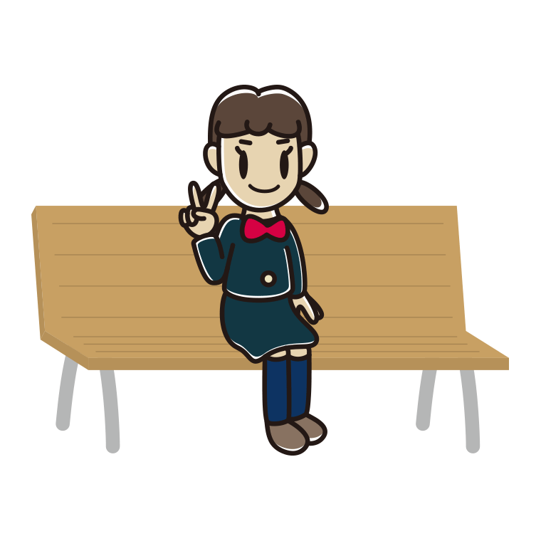 ベンチでピースをする女子中学生のイラスト【色あり、背景なし】透過PNG