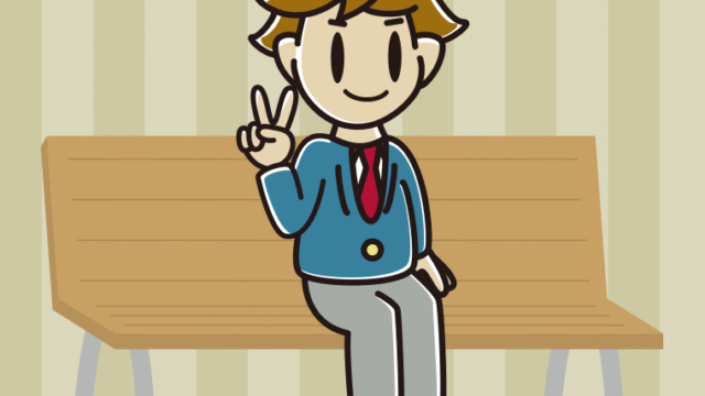 ベンチでピースをする男子高校生のイラスト【色、背景あり】PNG