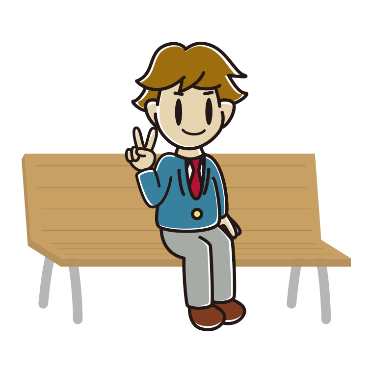 ベンチでピースをする男子高校生のイラスト【色あり、背景なし】透過PNG