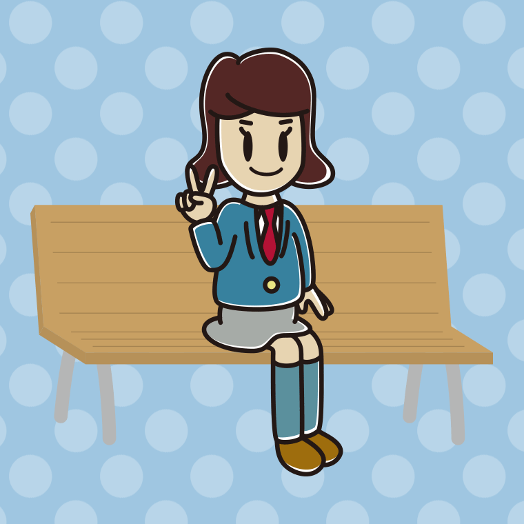 ベンチでピースをする女子高校生のイラスト【色、背景あり】PNG