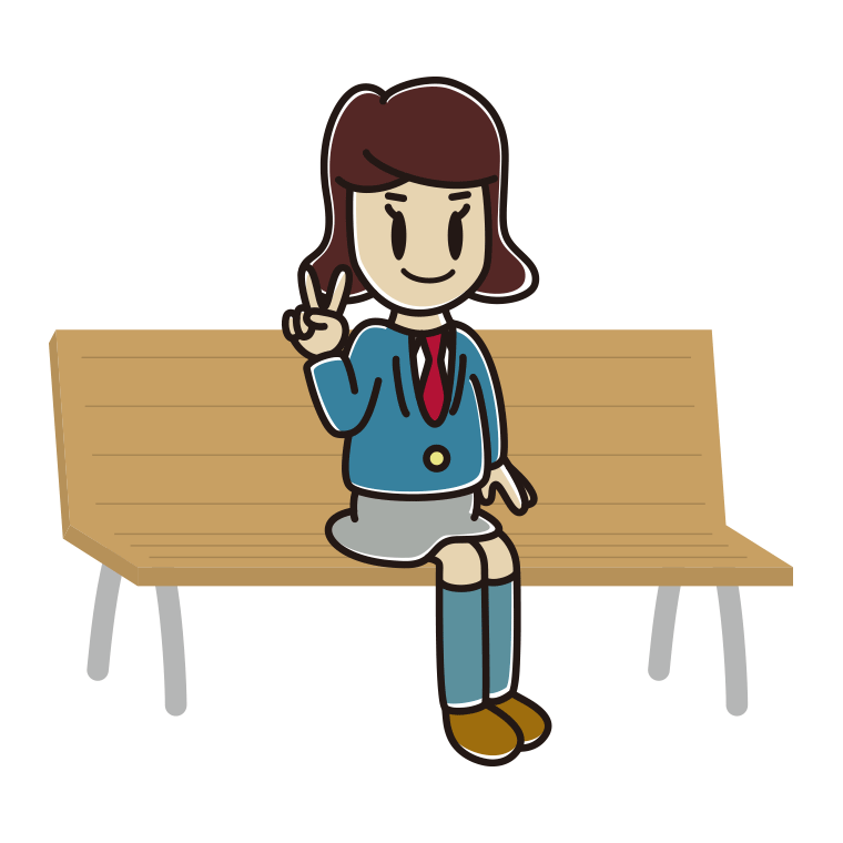 ベンチでピースをする女子高校生のイラスト【色あり、背景なし】透過PNG