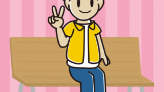 ベンチでピースをする男子大学生のイラスト【色、背景あり】PNG