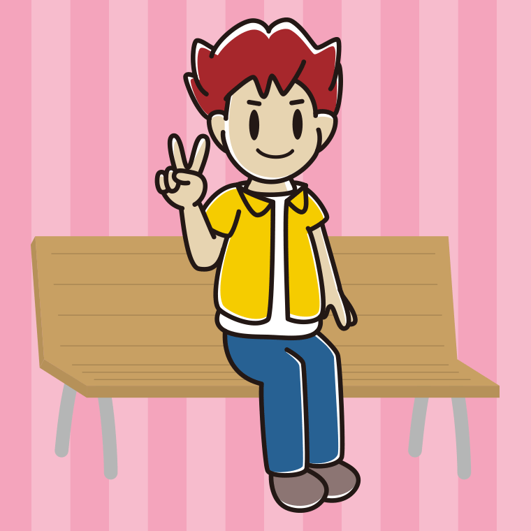 ベンチでピースをする男子大学生のイラスト【色、背景あり】PNG