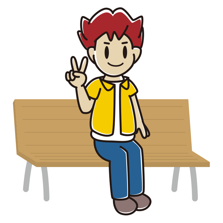 ベンチでピースをする男子大学生のイラスト【色あり、背景なし】透過PNG