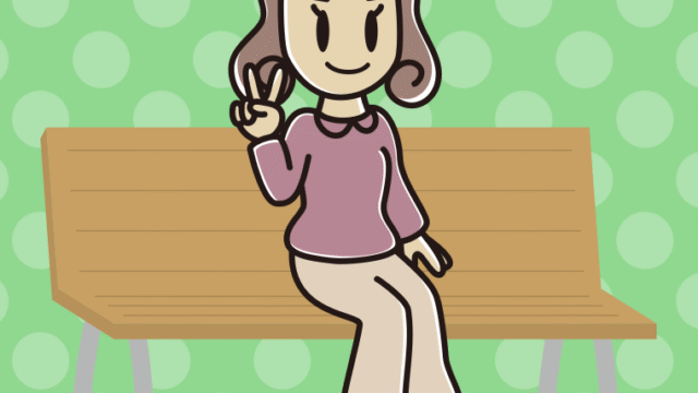 ベンチでピースをする女子大学生のイラスト【色、背景あり】PNG