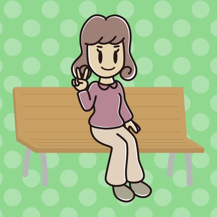 ベンチでピースをする女子大学生のイラスト【色、背景あり】PNG