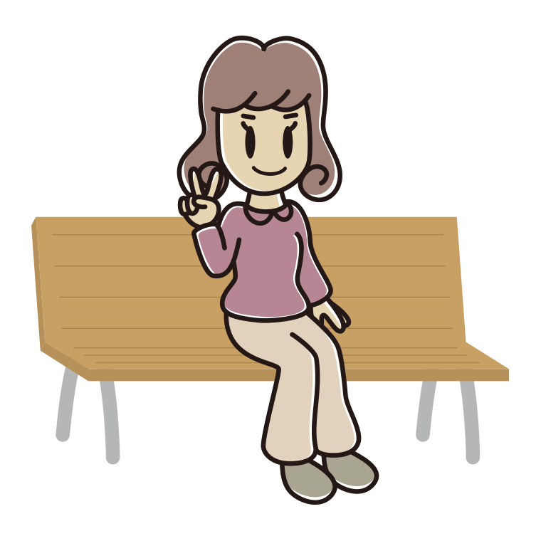ベンチでピースをする女子大学生のイラスト【色あり、背景なし】透過PNG