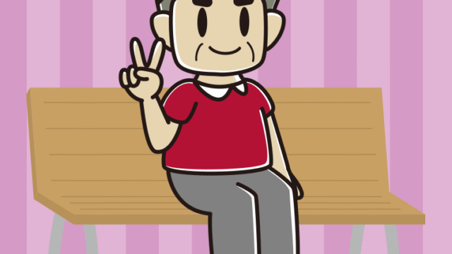 ベンチでピースをするおじさんのイラスト【色、背景あり】PNG