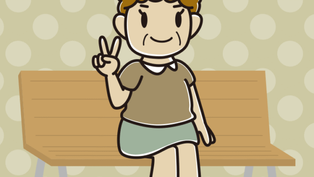 ベンチでピースをするおばさんのイラスト【色、背景あり】PNG