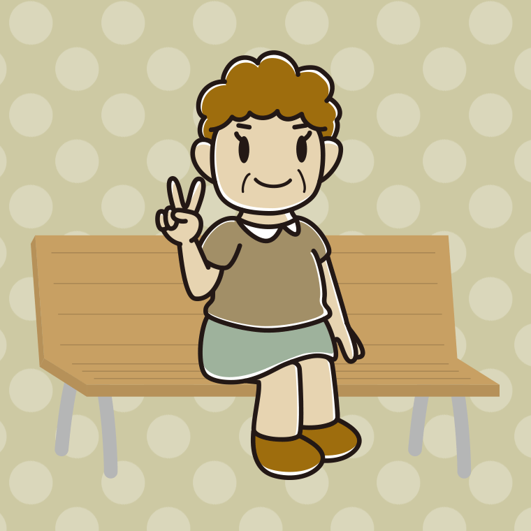 ベンチでピースをするおばさんのイラスト【色、背景あり】PNG