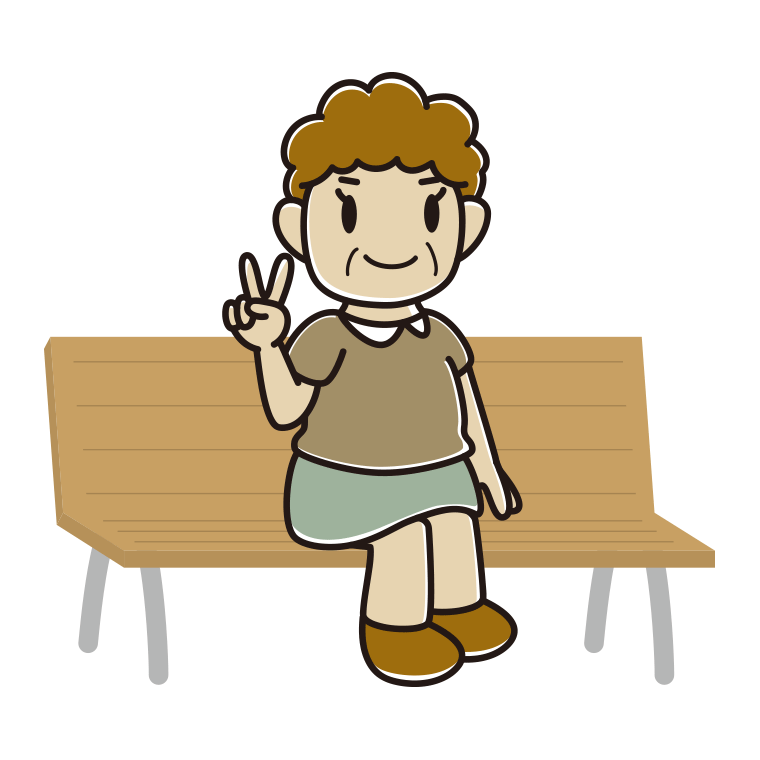 ベンチでピースをするおばさんのイラスト【色あり、背景なし】透過PNG