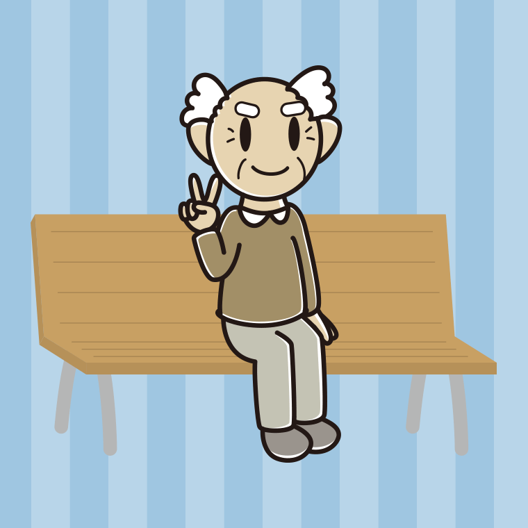 ベンチでピースをするおじいさんのイラスト【色、背景あり】PNG