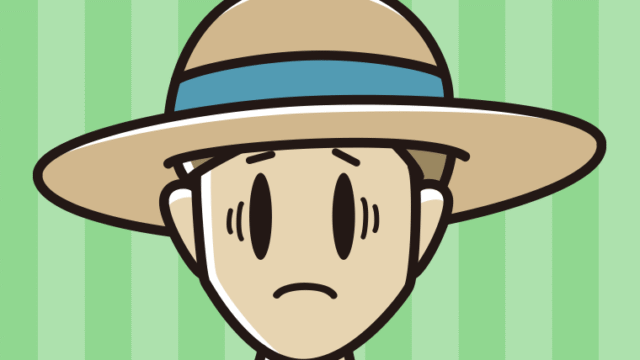 麦わら帽子で困る男性のイラスト【色、背景あり】PNG