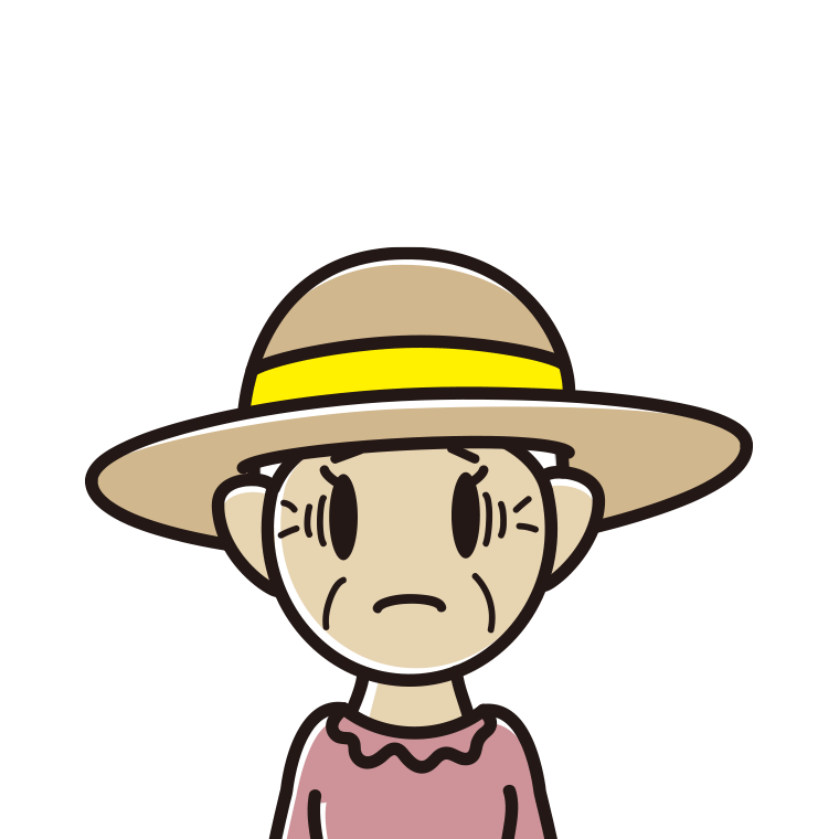 麦わら帽子で困るおばあさんのイラスト【色あり、背景なし】透過PNG