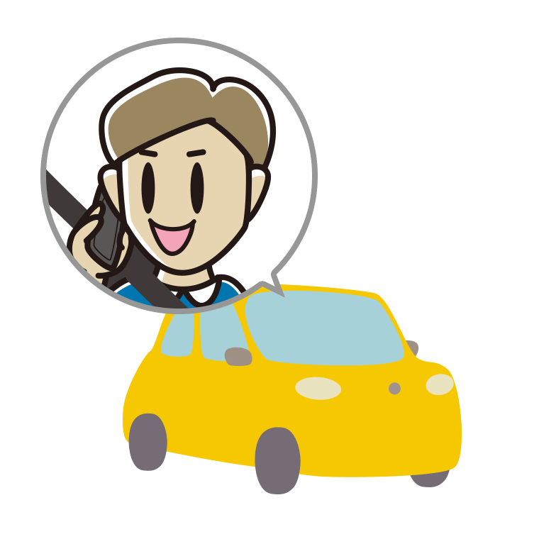 車でスマホで電話する男性のイラスト【色あり、背景なし】透過PNG