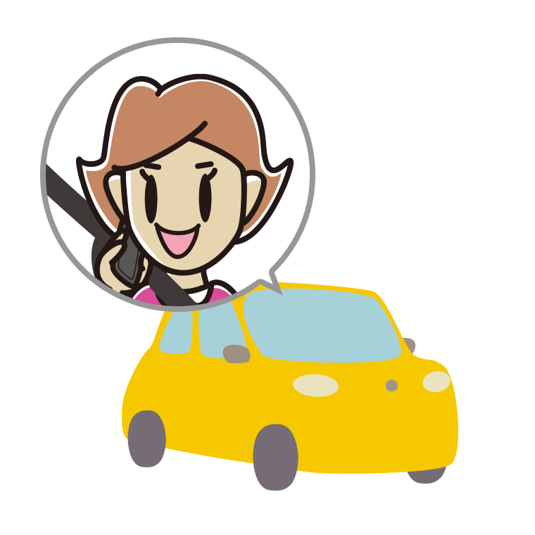 車でスマホで電話する女性のイラスト【色あり、背景なし】透過PNG