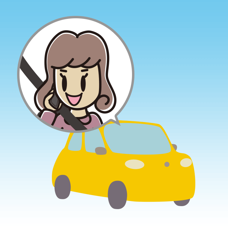 車でスマホで電話する女子大学生のイラスト【色、背景あり】PNG