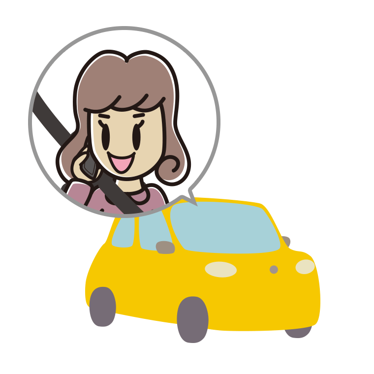 車でスマホで電話する女子大学生のイラスト【色あり、背景なし】透過PNG