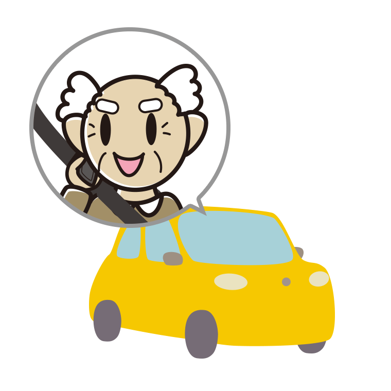 車でスマホで電話するおじいさんのイラスト【色あり、背景なし】透過PNG
