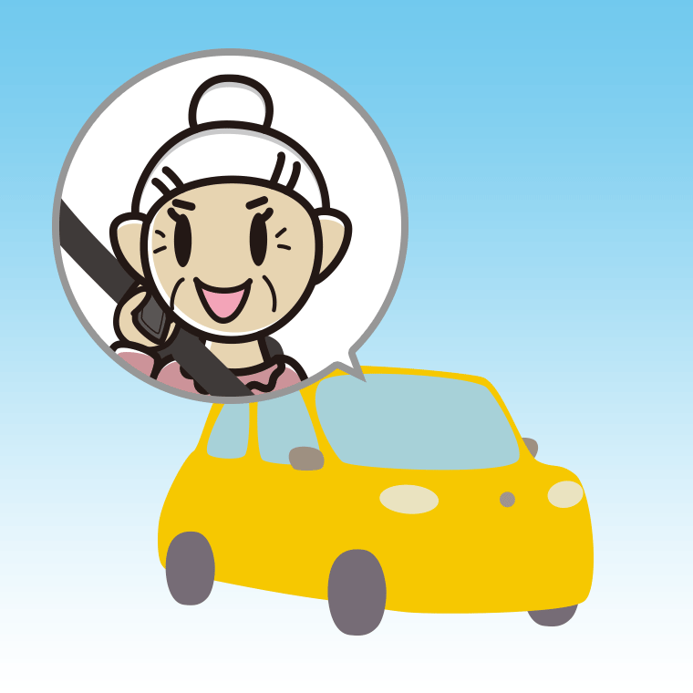 車でスマホで電話するおばあさんのイラスト【色、背景あり】PNG