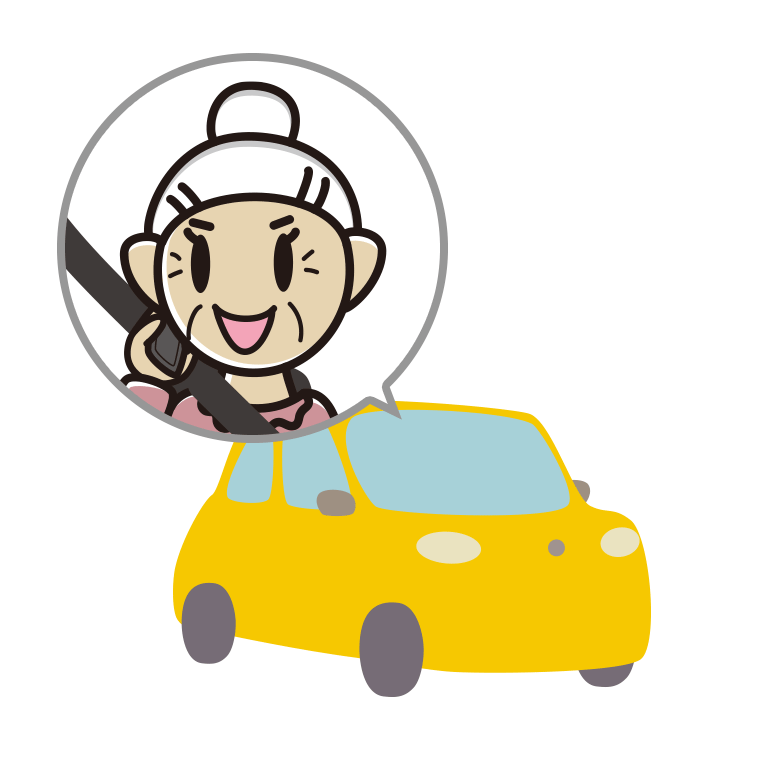 車でスマホで電話するおばあさんのイラスト【色あり、背景なし】透過PNG
