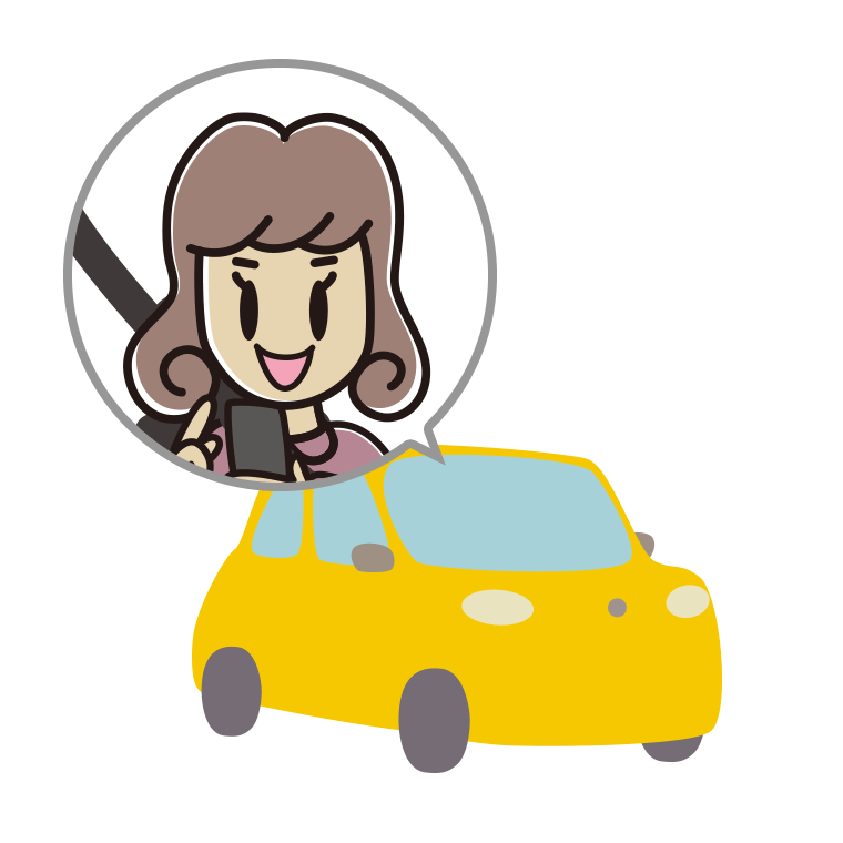 車でスマホを使う女子大学生のイラスト【色あり、背景なし】透過PNG