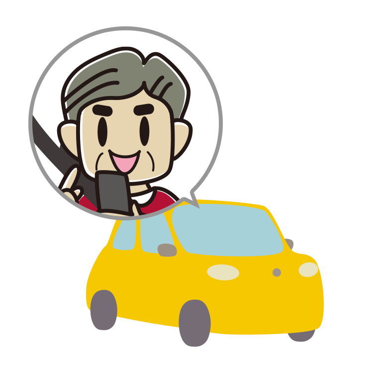 車でスマホを使うおじさんのイラスト【色あり、背景なし】透過PNG